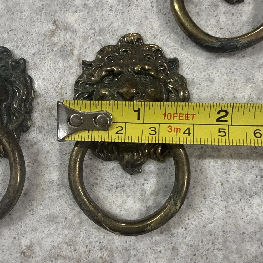 6 Vintage Brass Lion Head Dresser Chest Drawer Knob Cabinet Pull Patina 3D READ
